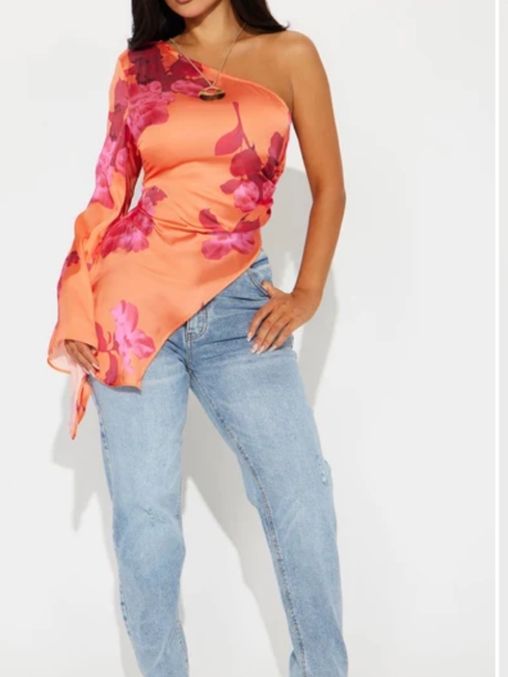 Fashion Nova One-Shoulder Floral Satin Blouse - Orange/Pink